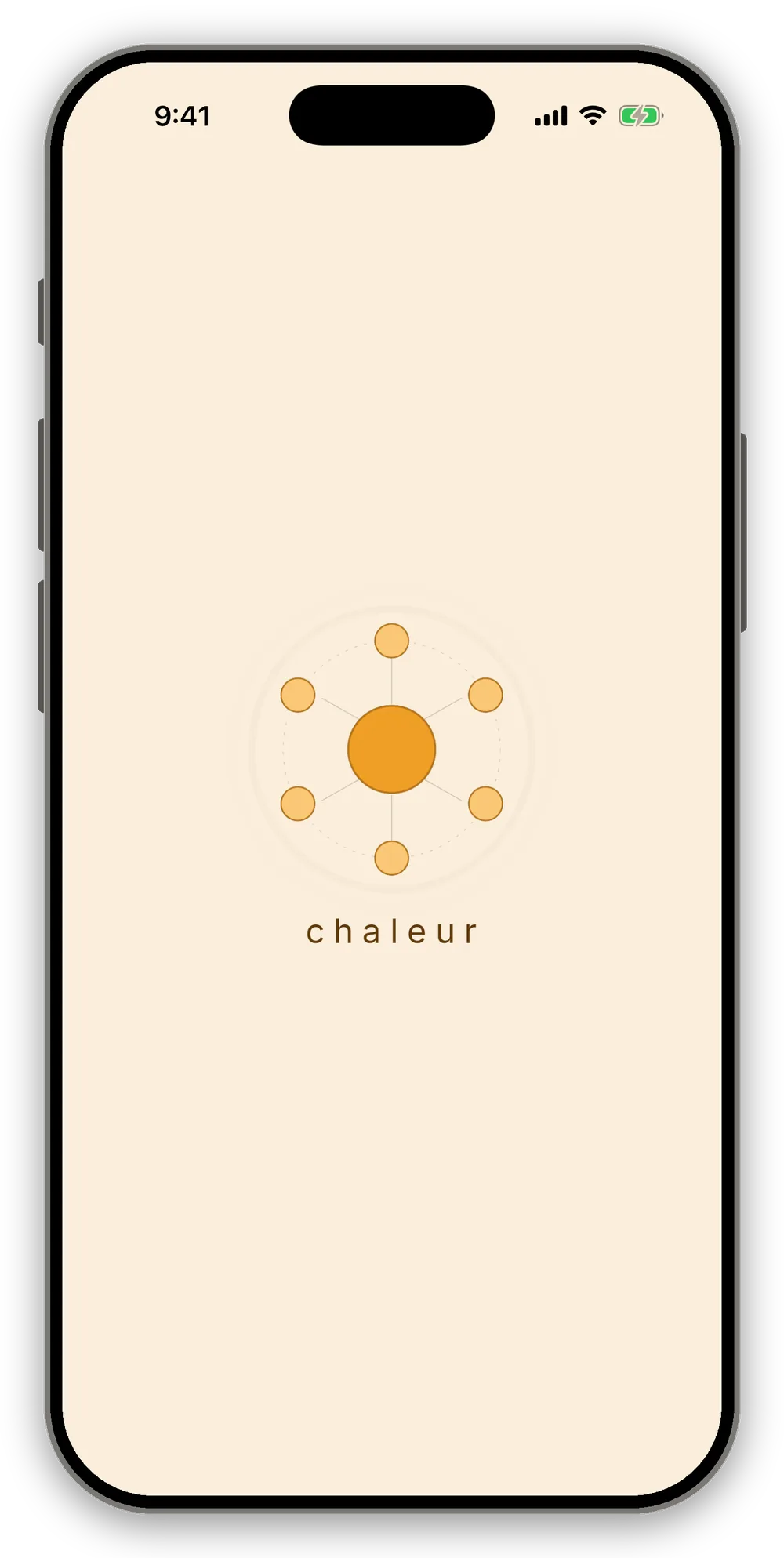 The chaleur launch screen: the sun-and-circle mark on a warm cream background with the lowercase "chaleur" wordmark.
