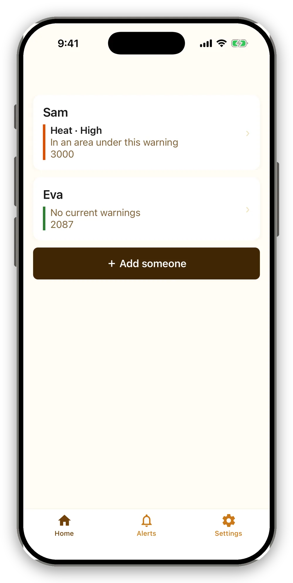 The home screen showing Sam, postcode 3000, with a "Heat · High" badge and the line "In an area under this warning", and Eva, postcode 2087, "No current warnings", above an "Add someone" button.