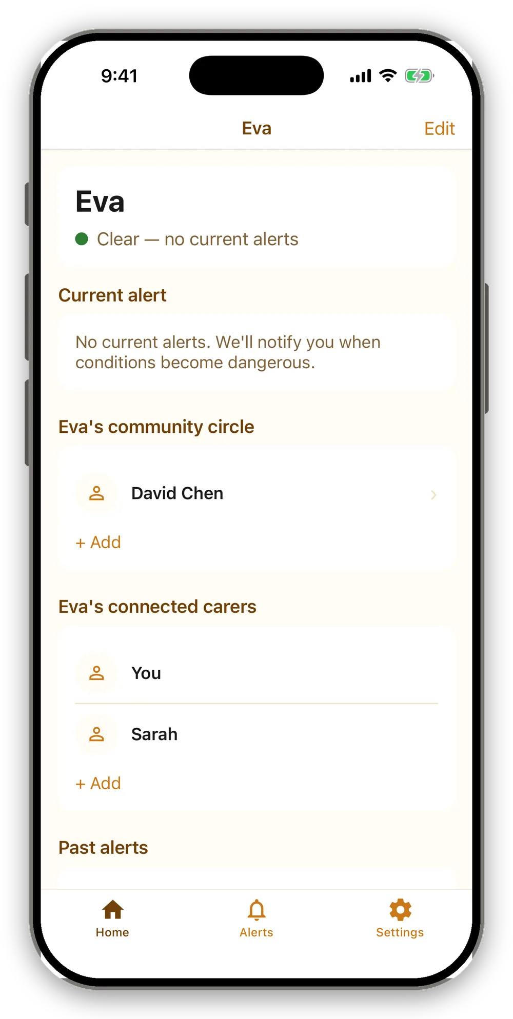 An overview for Eva showing "Clear — no current alerts", Eva's community circle (David Chen), her connected carers (You and Sarah), and the start of a past-alerts list.