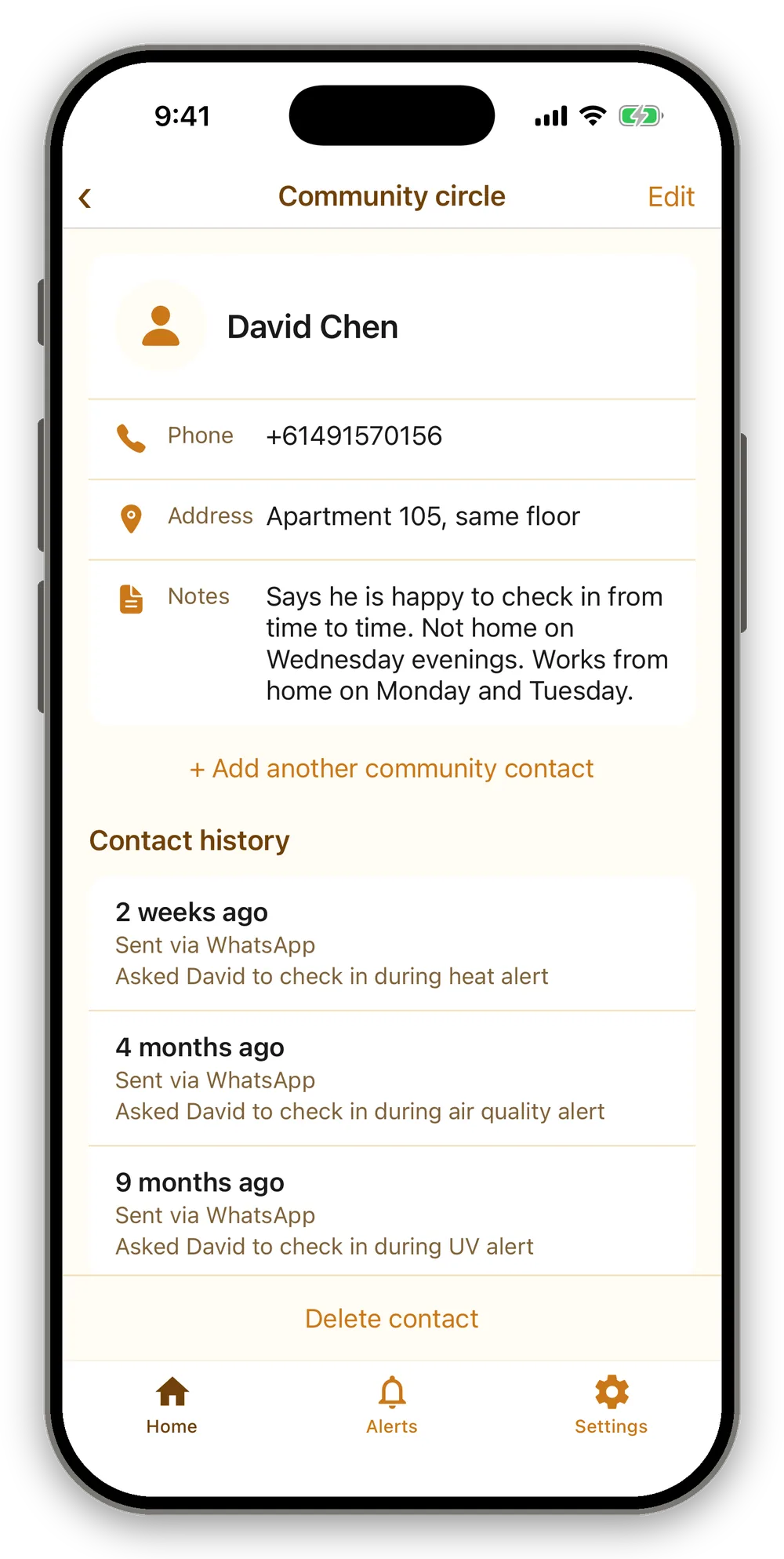 A community-circle contact screen for David Chen showing a phone number, address and notes, and a history of check-in messages sent during heat, air-quality and UV alerts.